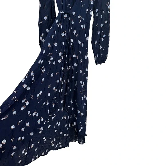 Christy Dawn Bergen Dress Midnight Rose Navy Blue Floral Wrap Midi Long Sleeve L - Picture 5 of 7